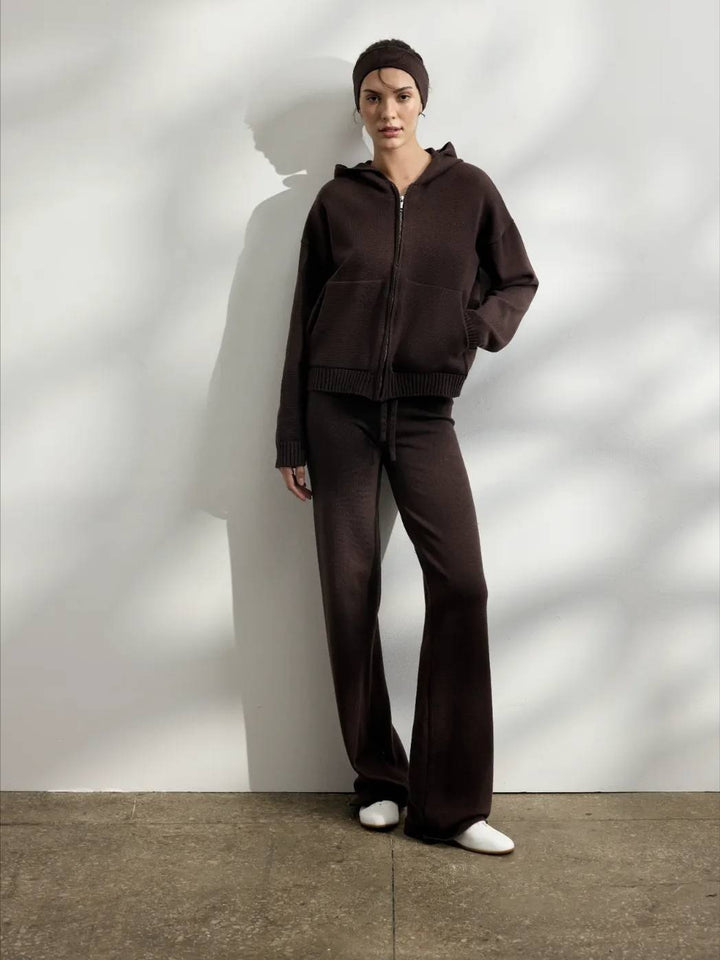 Casual knit outfit for women with hoodie jacket and comfortable palazzo pants Lune London