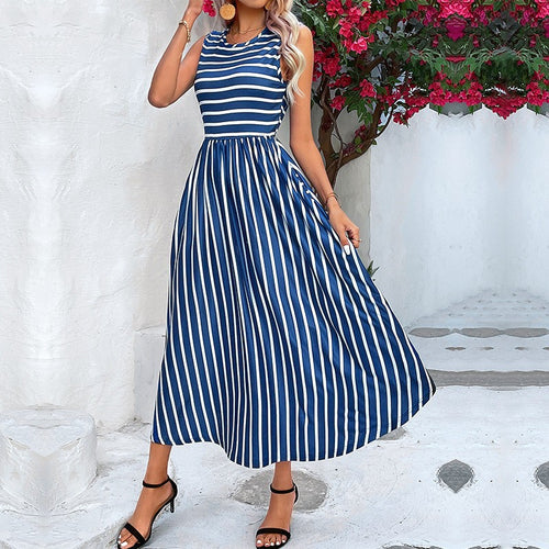 A-line striped maxi dress for women with ample elegance Lune London