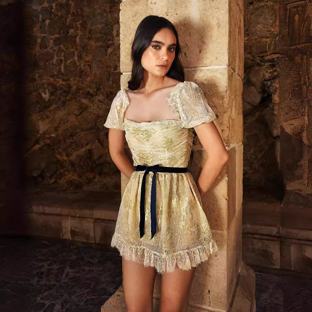 Women's lace blouse dress with fitted belt and ruffle details