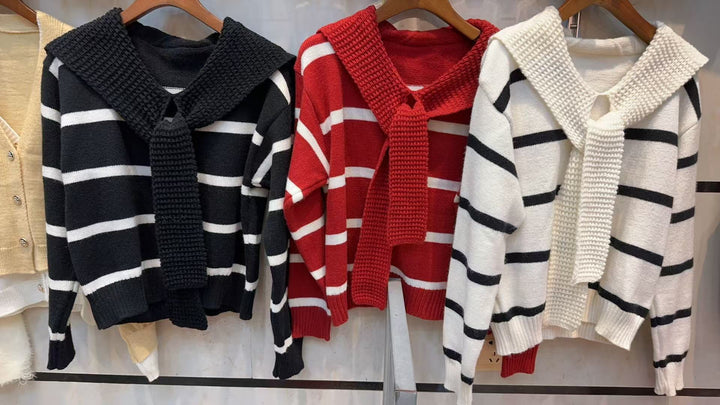 Striped women's sweater with soft collar and practical loop Lune London