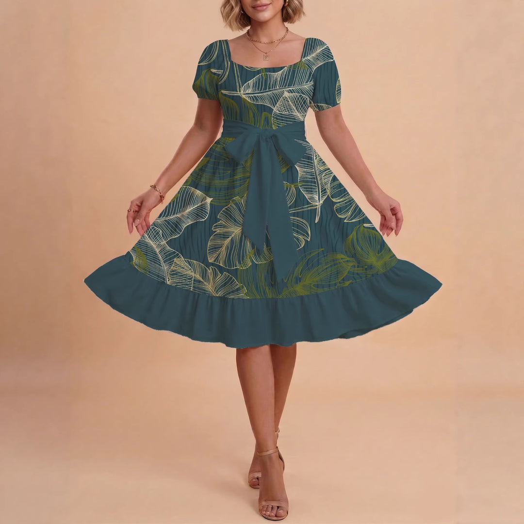 Women A-line dress with floral motifs and adjustable belt Lune London
