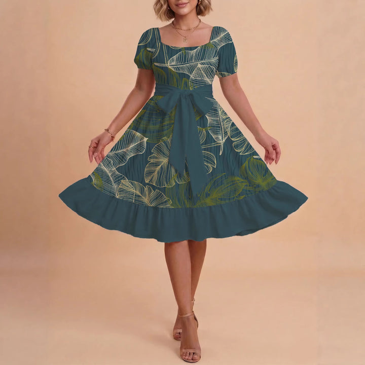 Women A-line dress with floral motifs and adjustable belt Lune London