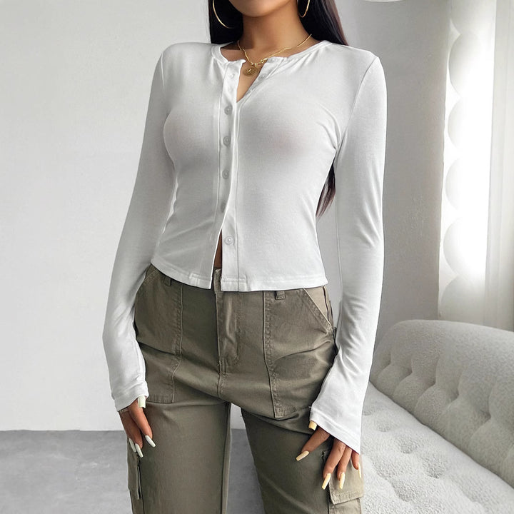 Women's long sleeve t-shirt with trendy button placket and flattering fit Lune London