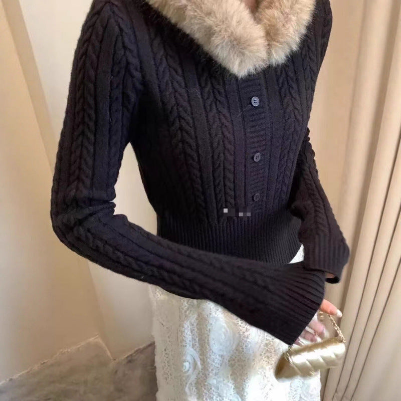 Pull en tricot pour femmes avec col en fourrure luxueux et détails de boutons élégants Chic & Stil