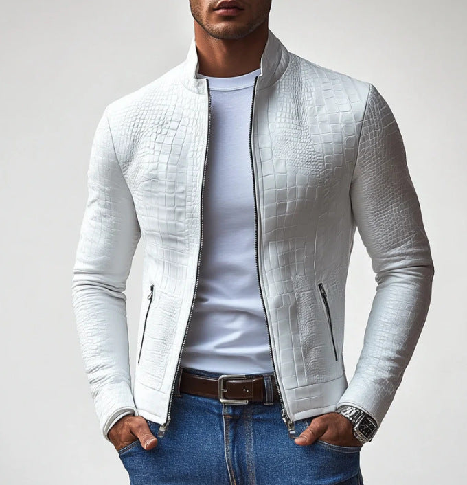 Trendy faux leather jacket for men with textured surface pattern Lune London