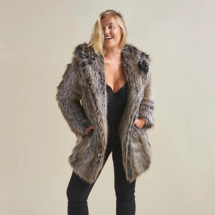 Ladies hooded faux fur coat with ear protectors Lune London