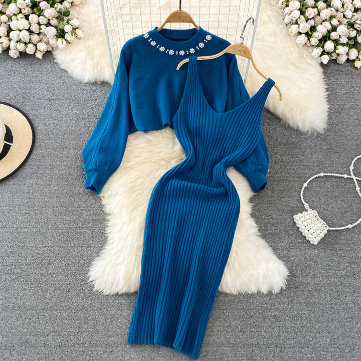 Knitted dress for women with modern V-neck and casual short sweater Lune London