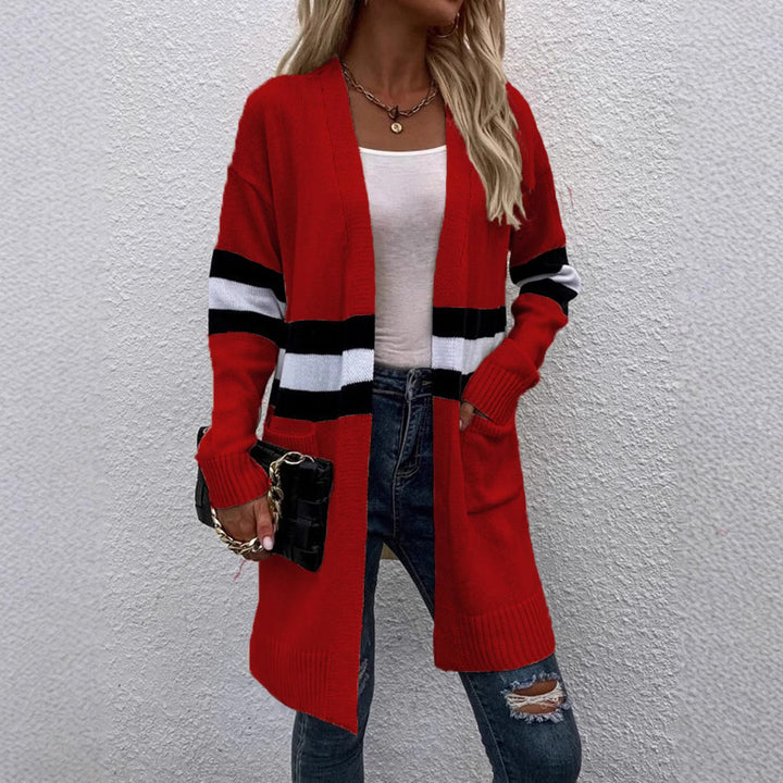 Long cardigan with long sleeves for women with modern stripes and practical pockets Lune London