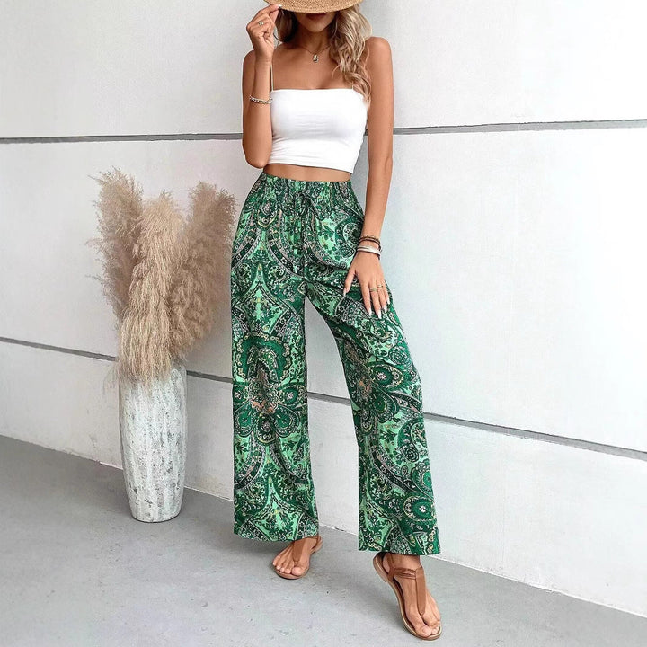Women's Wide Palazzo Pants with Elastic Waistband and Paisley Pattern Lune London