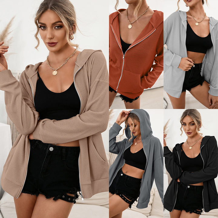 Ladies Casual Waffle Hoodie Jacket with Zipper Lune London
