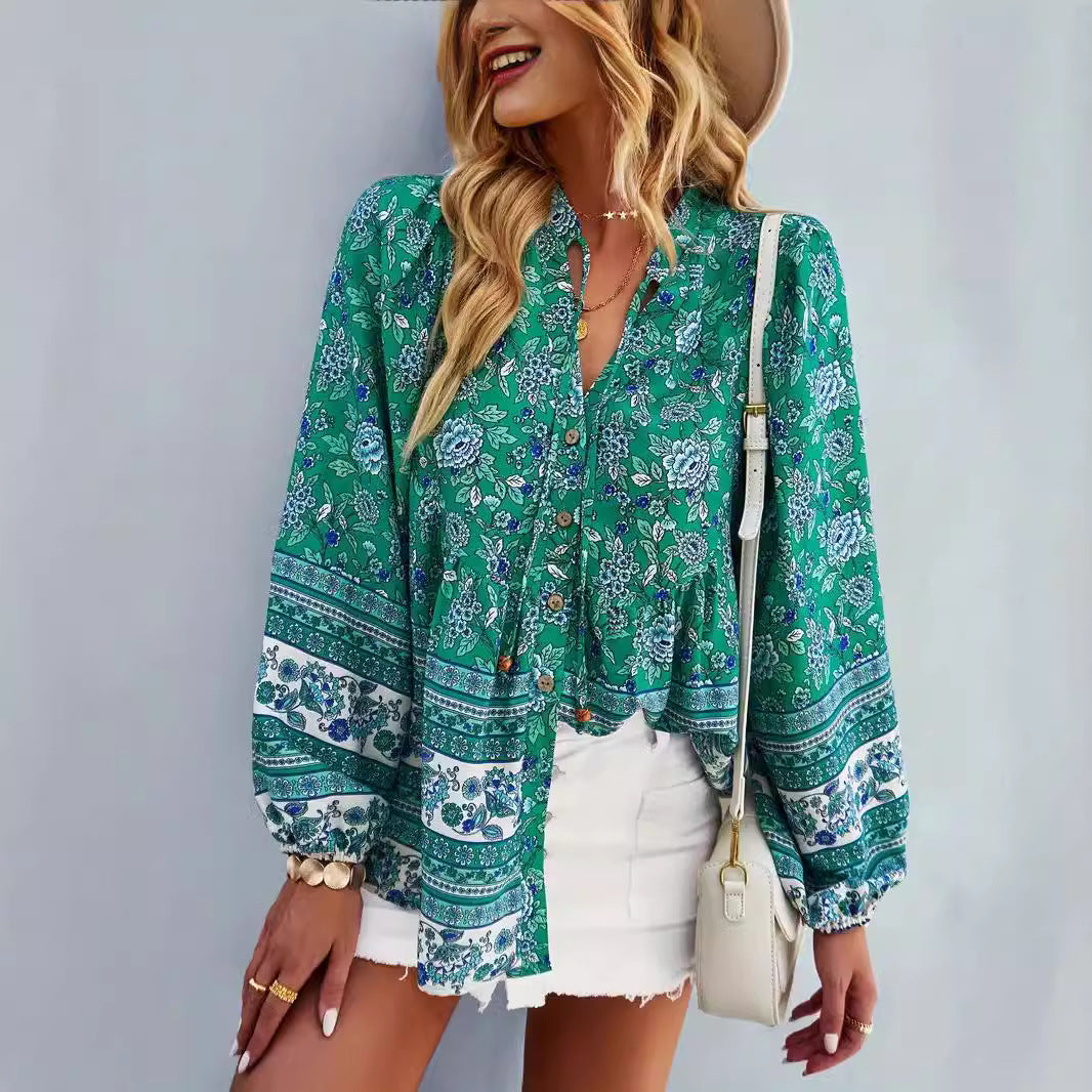 Woman blouse with colorful floral pattern and puff sleeves Lune London