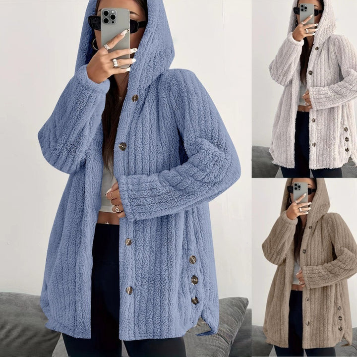 Lady long cozy jacket with long sleeves, hood, and button trim Lune London