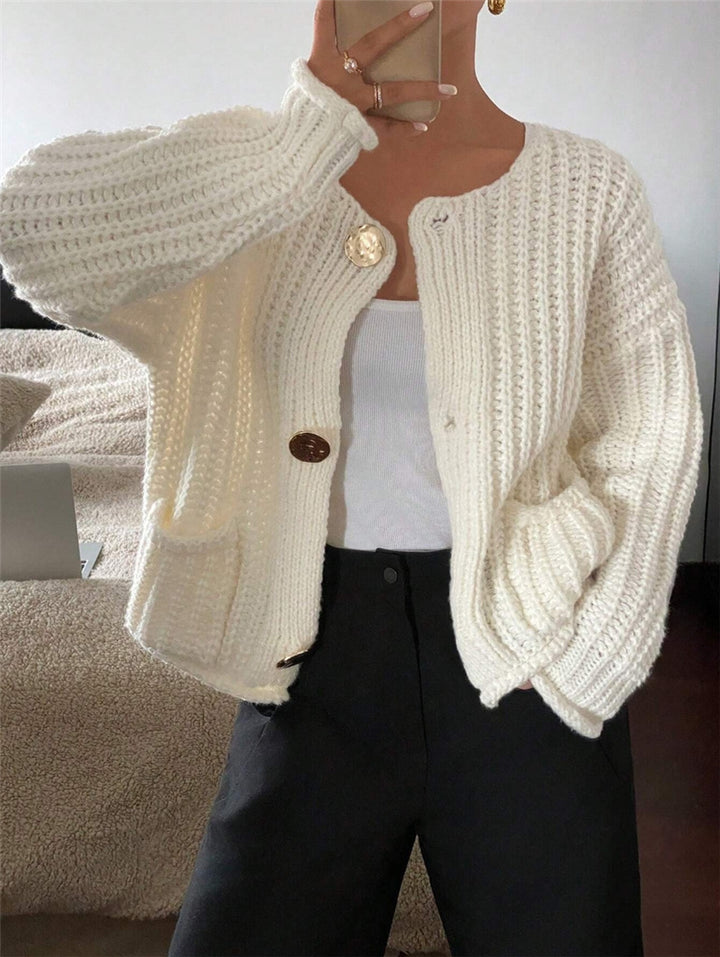 Ladies large knit jacket with elegant buttons and pockets Lune London