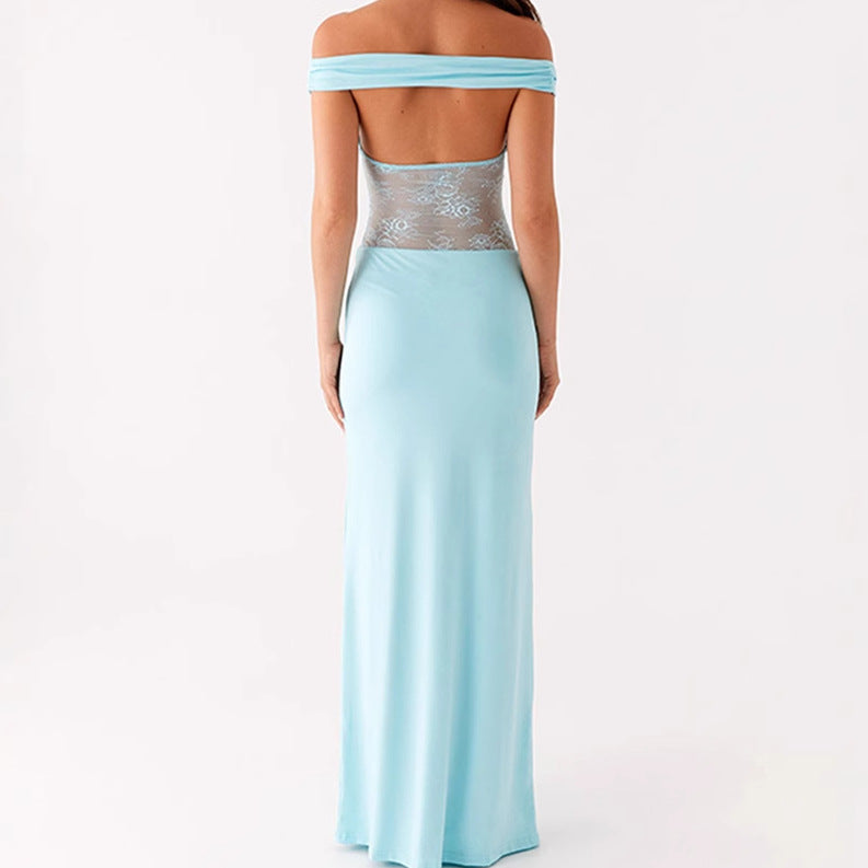 Elegant Off-Shoulder Maxi Dress with Sheer Lace Top and Fitted Elastic Hem Lune London
