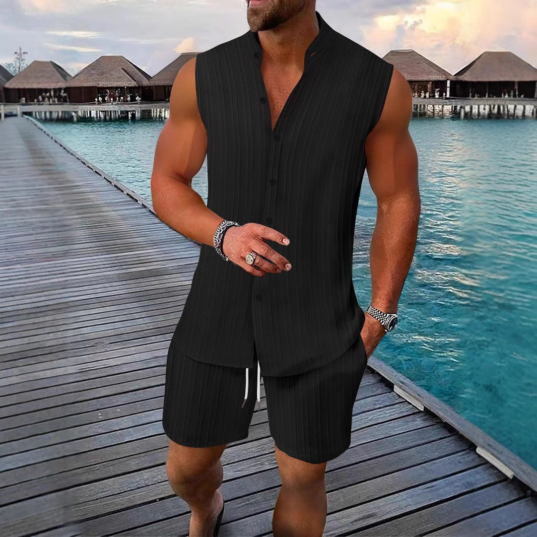 Men's casual sleeveless summer outfit living room Lune London