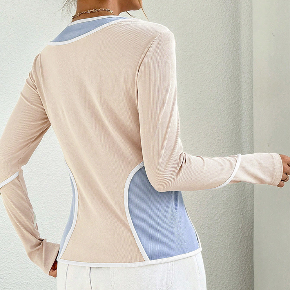 Chemise à manches longues pour femmes avec des combinaisons de couleurs courbées et des fibres élastiques Chic & Stil