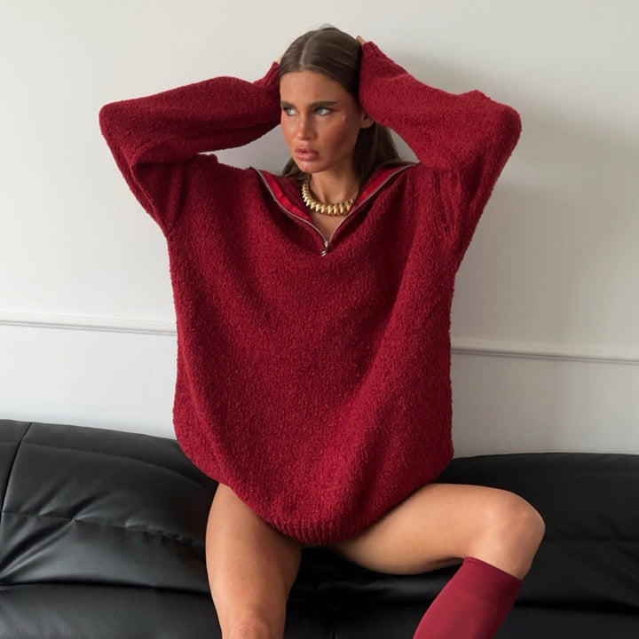 Oversized fleece sweater for women with high collar and zipper Lune London