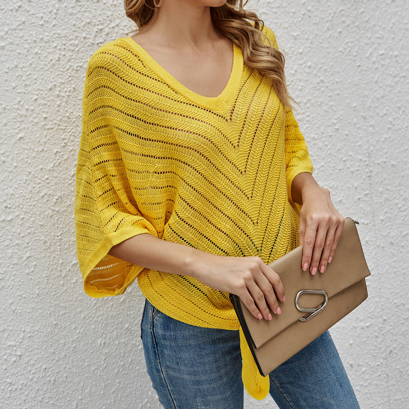 Ladies airy knit top with deep V-neck and asymmetrical hem Lune London