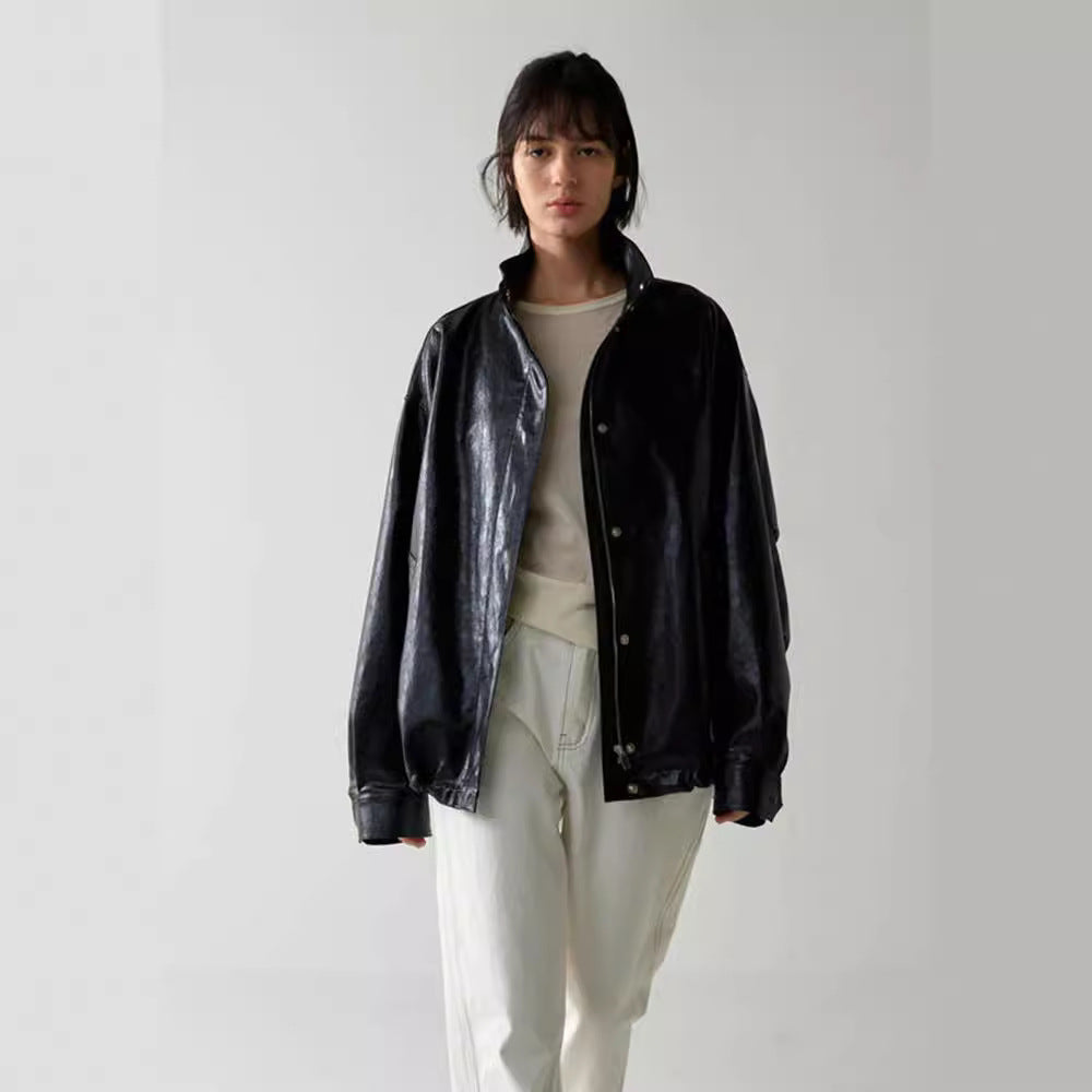 Veste en cuir surdimensionnée tendance pour femme avec col montant et fermeture par bouton-pression Chic & Stil