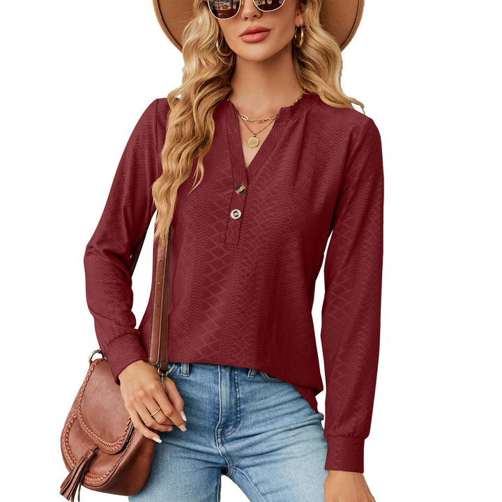Women's long sleeve t-shirt with trendy Henley neckline and structured design Lune London