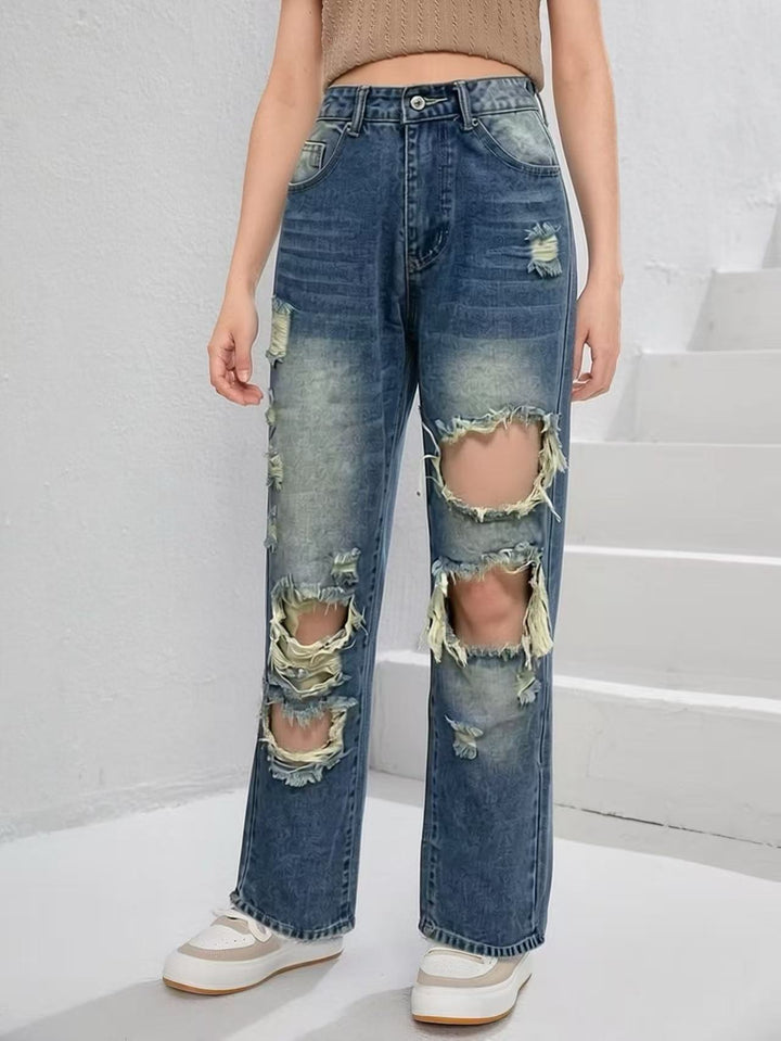 Womens casual destroyed jeans with wide leg and trendy ripped details Lune London