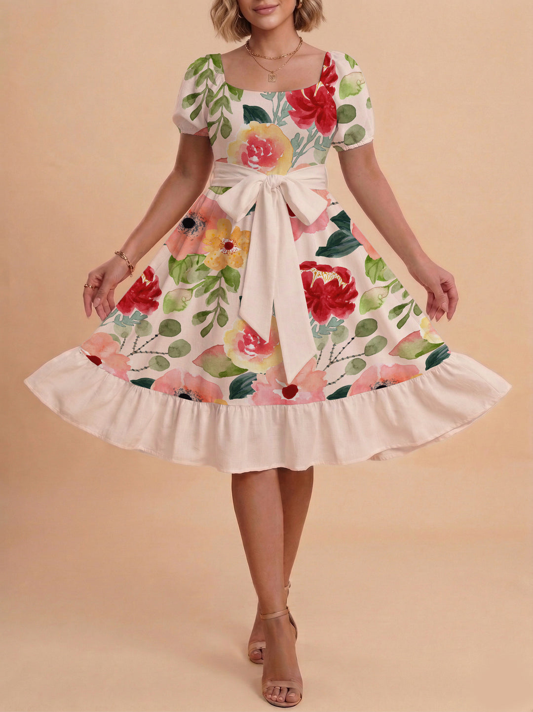 Women A-line dress with floral motifs and adjustable belt Lune London
