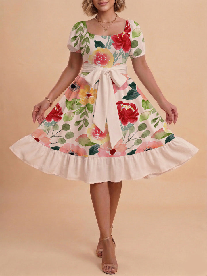 Women A-line dress with floral motifs and adjustable belt Lune London