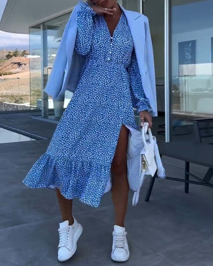 Robe portefeuille pour femmes avec volant floral et détails de boutons Chic & Stil