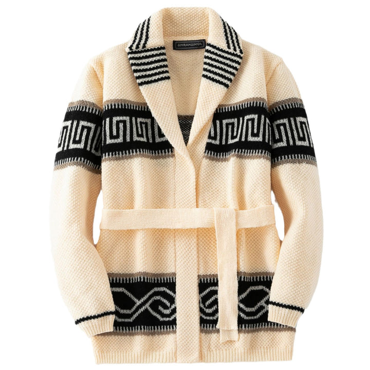 Ladies Fashion Knit Jacket with Belt and Chic Geometric Pattern