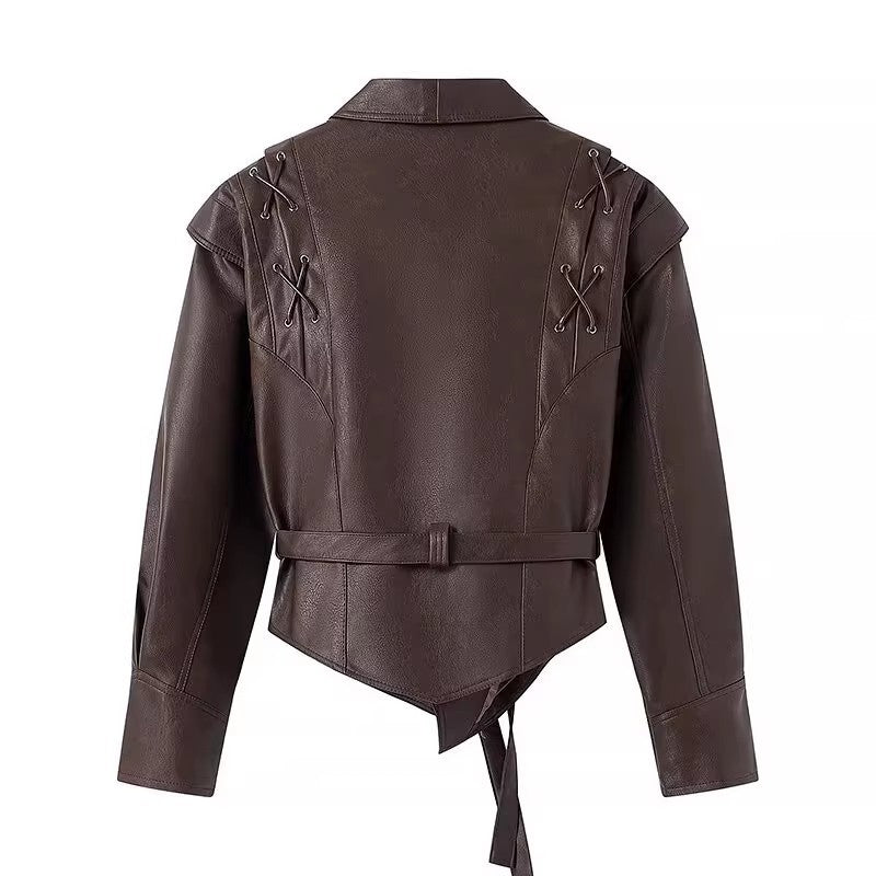 Faux leather jacket for women with an elegant tie belt and refined lace details Lune London
