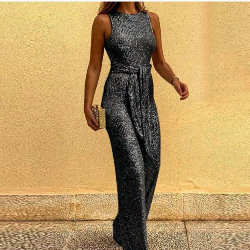 Women's Glamorous Maxi Dress with Shiny Sequin Trim and Elegant Waist Tie