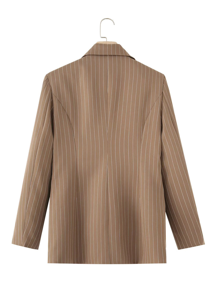 Fashion blazer jacket for women with asymmetrical collar and elegant fine stripes Lune London