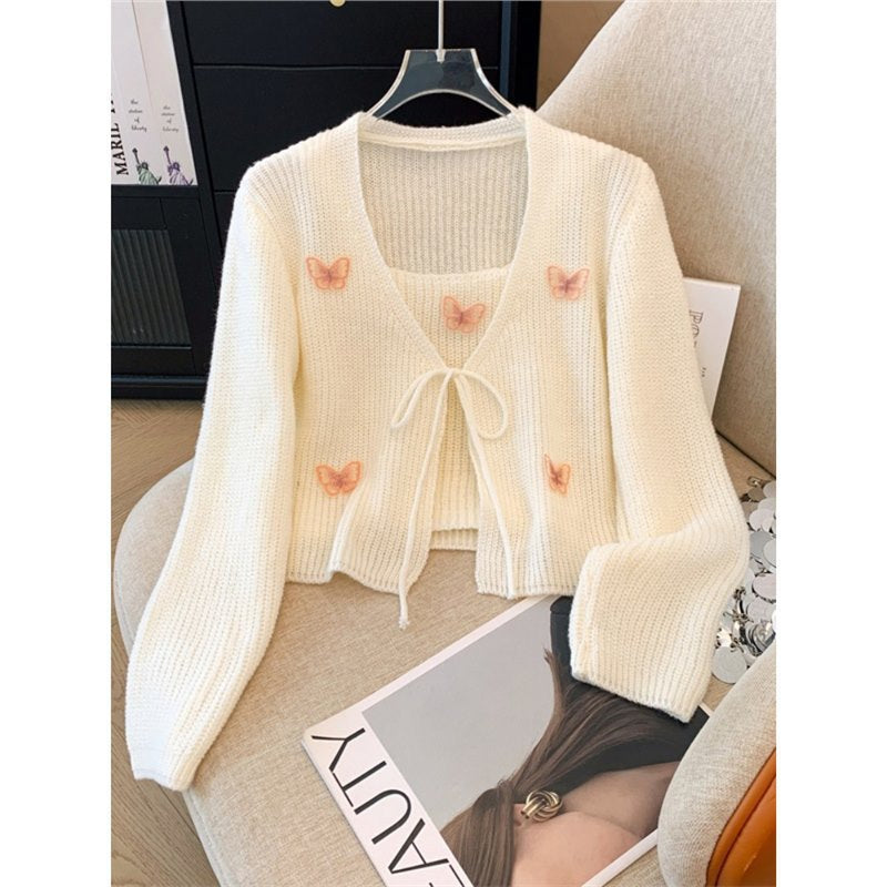 Cropped knit jacket for women with fine butterfly appliqués Lune London