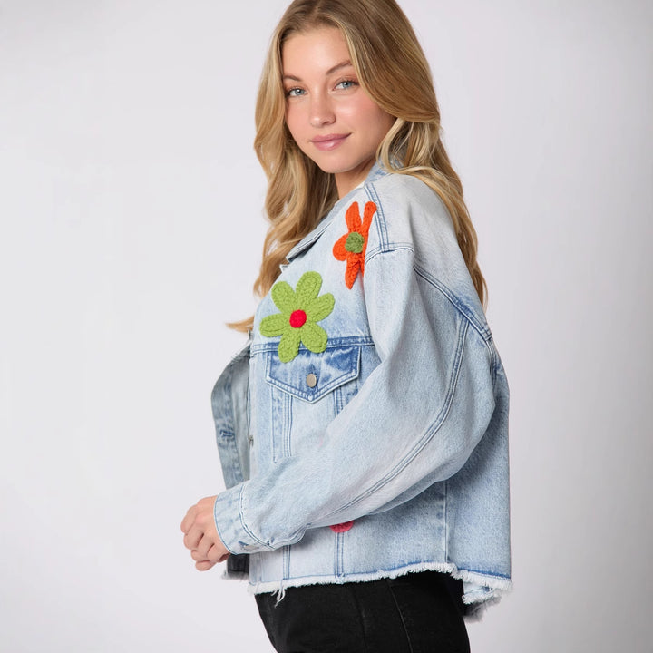 Trendy denim jacket for women with colorful football prints Lune London