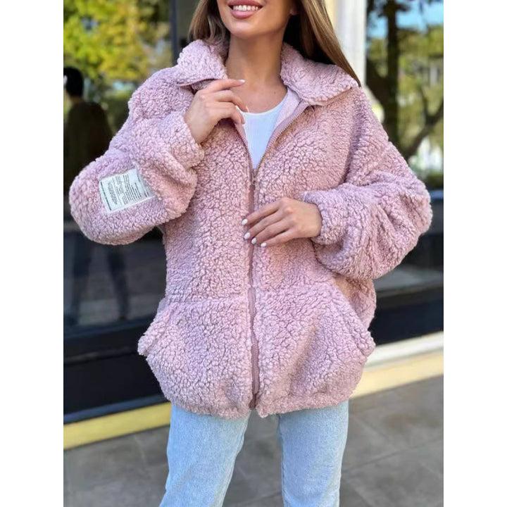 Ladies Plush Fleece Jacket with High Collar and Practical Pockets Lune London