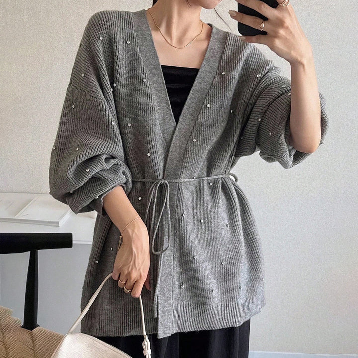 Ladies Elegant Knit Cardigan with Chic Pearls Accent and Style