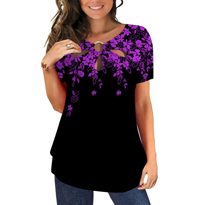 Women's elegant top with floral cut-out design and shiny ring insert Lune London