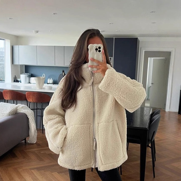 Cozy fleece jacket for women with high collar and velvety texture Lune London