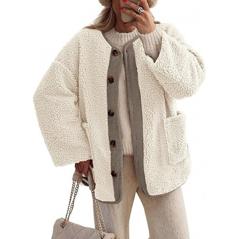Ladies Cozy Teddy Jacket with Button Closure and Patch Pockets Lune London