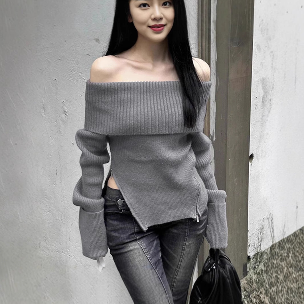 Women Knit Off-Shoulder Top with Longer Sleeves and Fine Ribbed Details Lune London