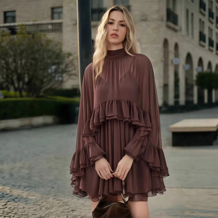 Women Elegant Ruffle Dress with High Neckline and Flowing Cut Lune London