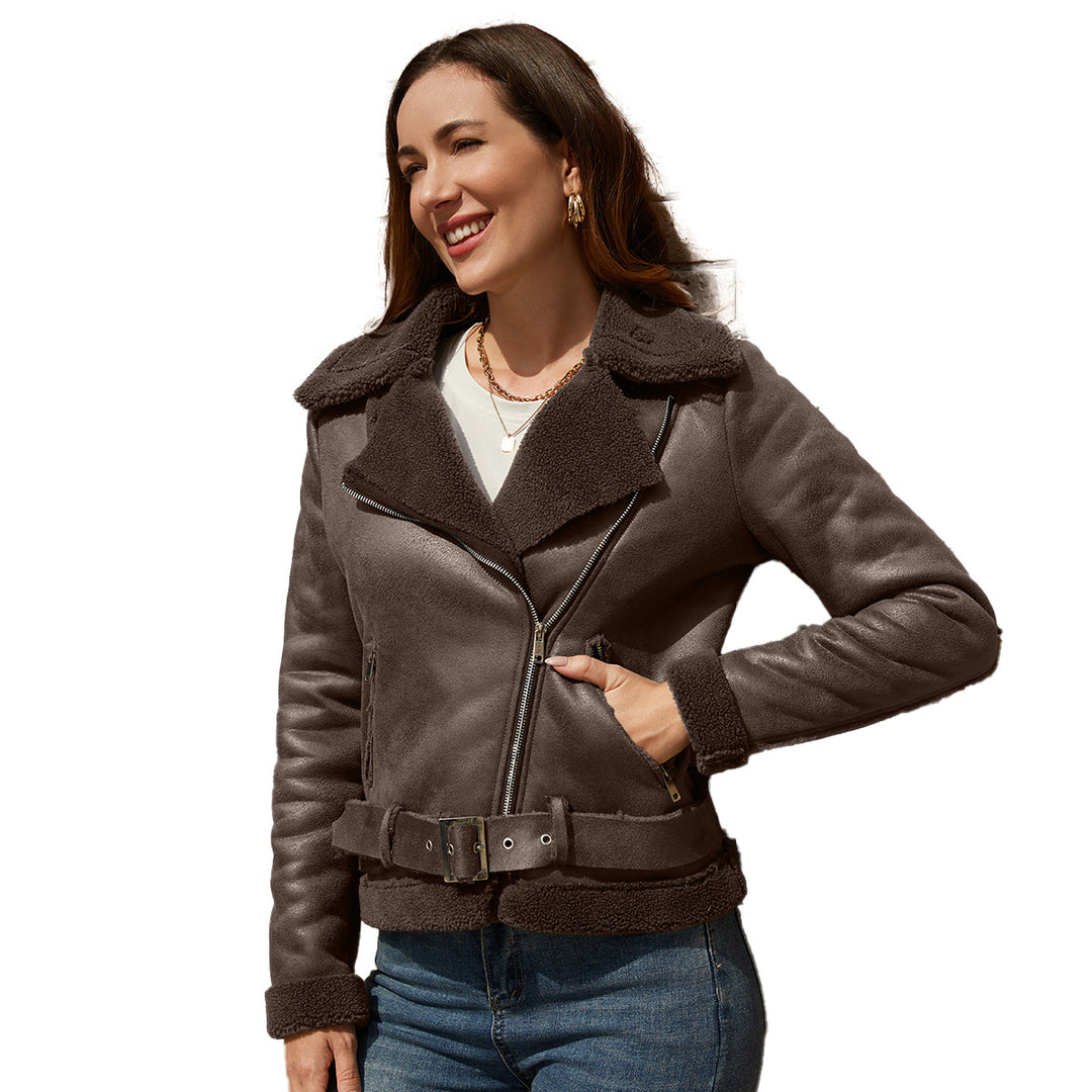 Sheepskin jacket for women with asymmetric zipper and belted waist Lune London