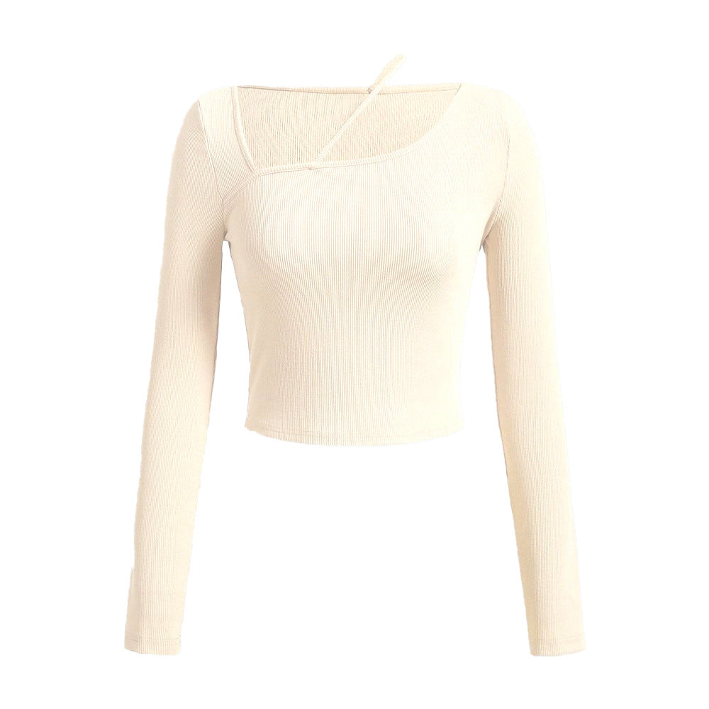 Chemise courte à manches longues pour femmes avec encolure asymétrique et texture fine côtelée Chic & Stil