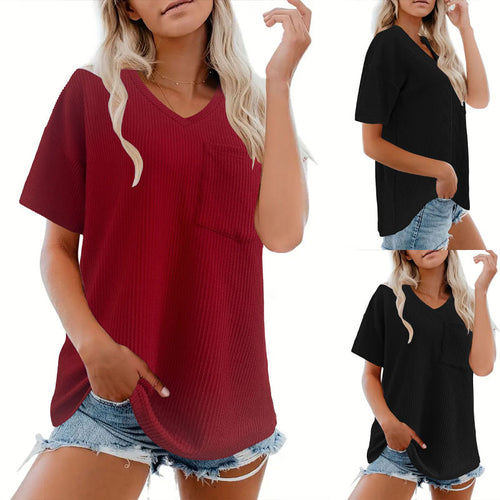 Oversized V-neck T-shirt for women with chest pocket and rib structure Lune London