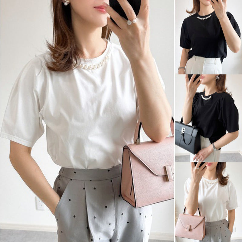 Ladies Elegant short sleeve top with pearl accents Lune London