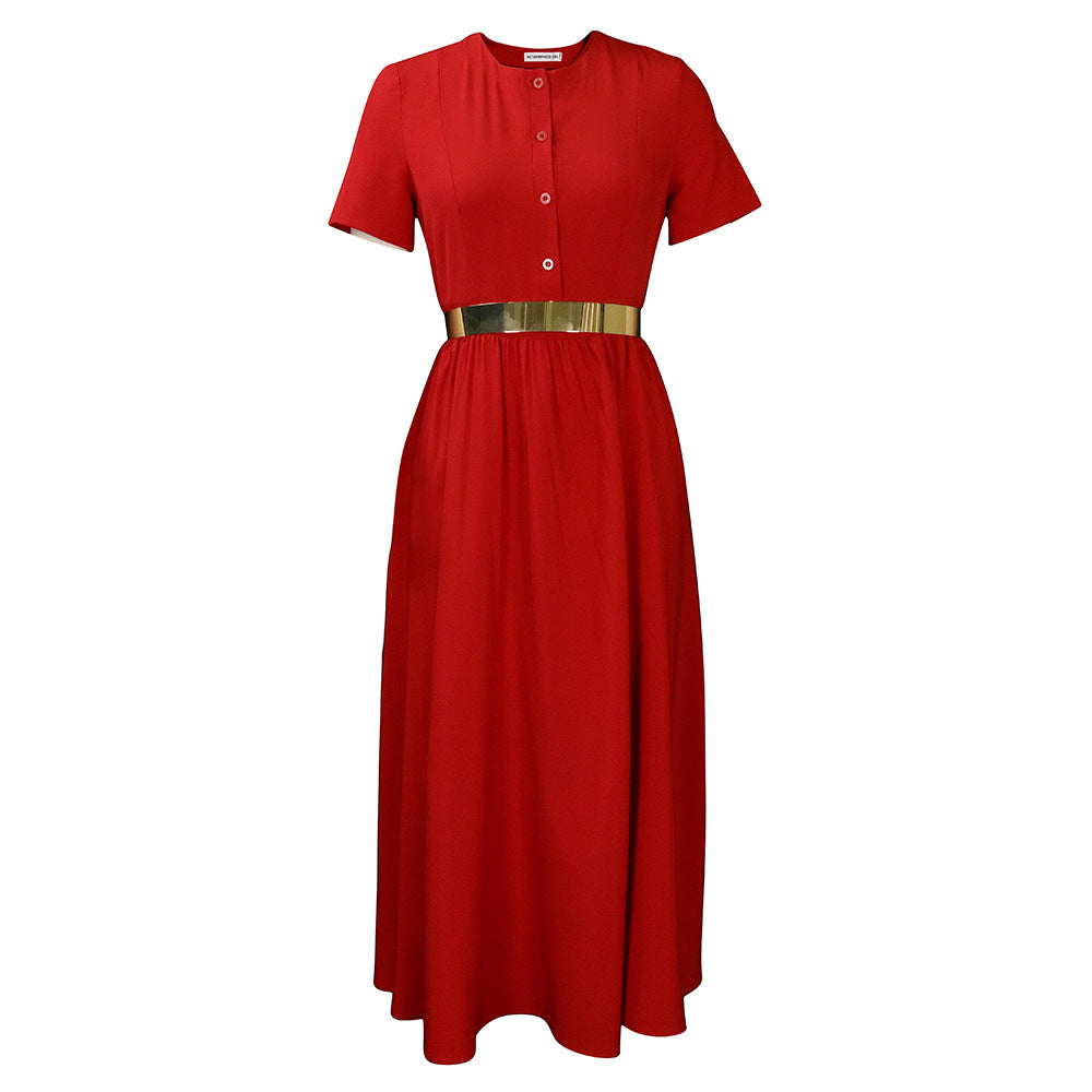 Ladies Elegant Maxi Dress with Buttoning and Glamour Chic Belt