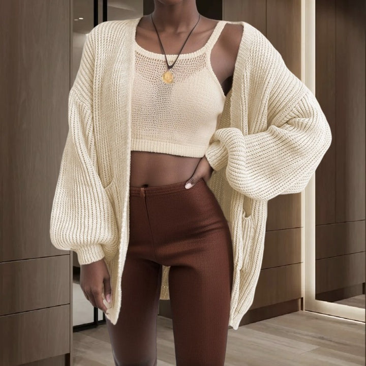 Women Open Knit Cardigan with Voluminous Sleeves and Practical Pockets Lune London