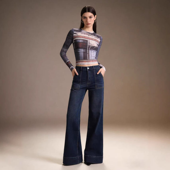 Ladies High-Waist Wide-Leg Trousers with Trendy Patch Lune London