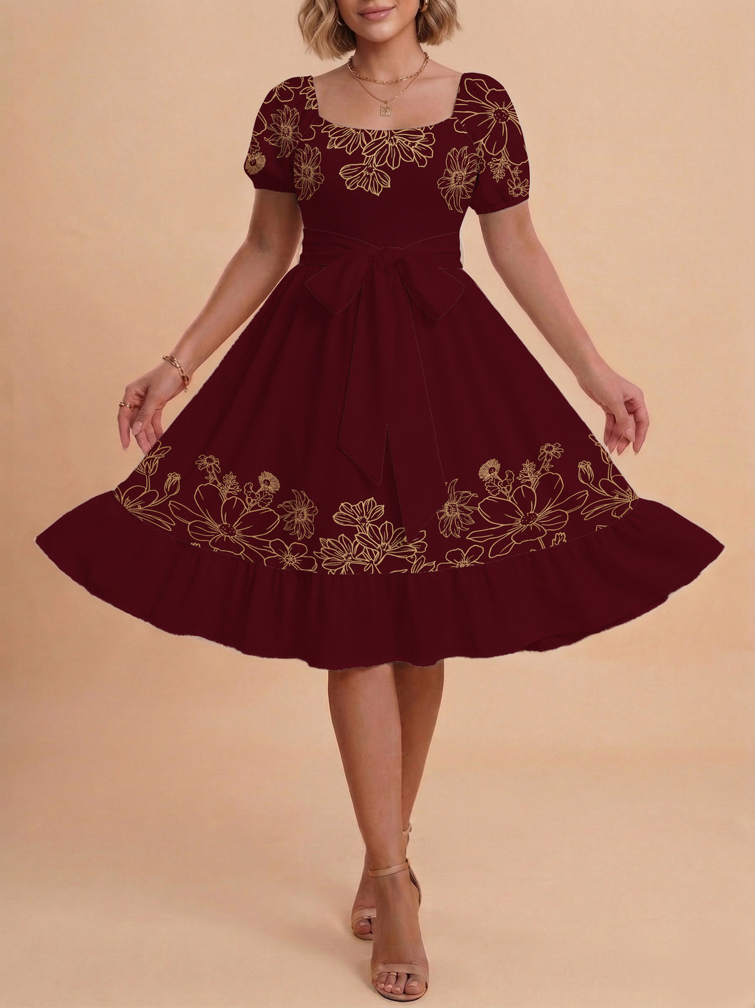 Women A-line dress with floral motifs and adjustable belt Lune London