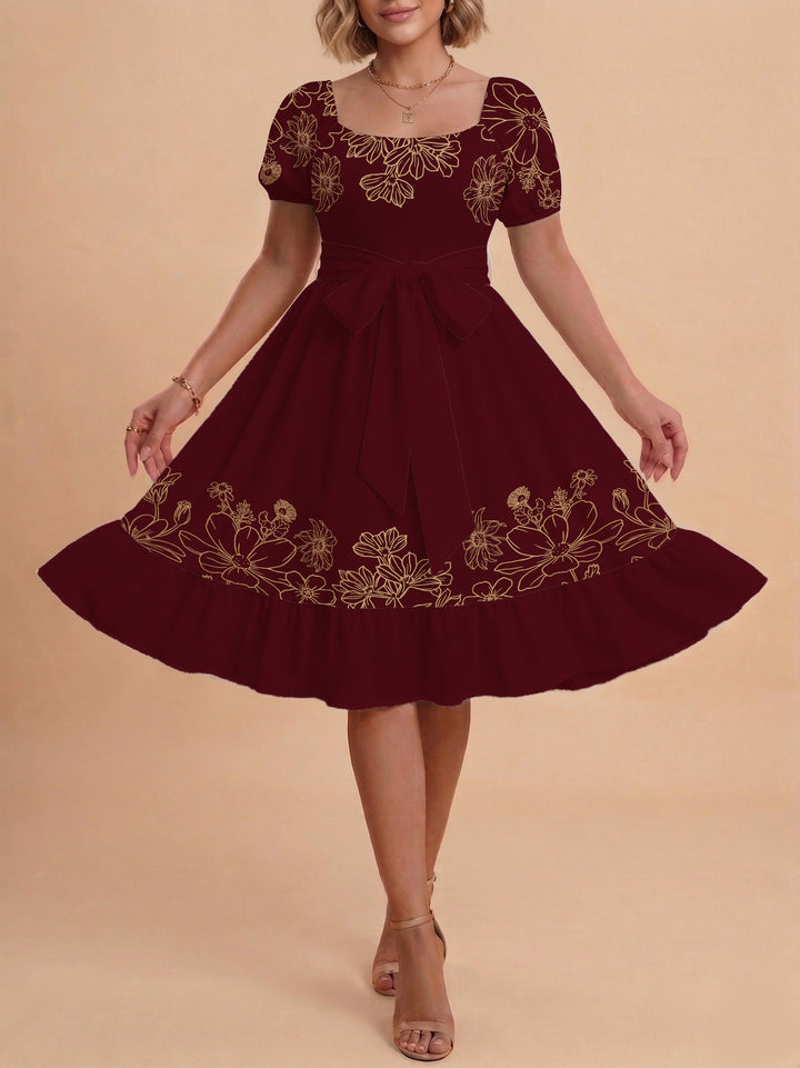 Women A-line dress with floral motifs and adjustable belt Lune London
